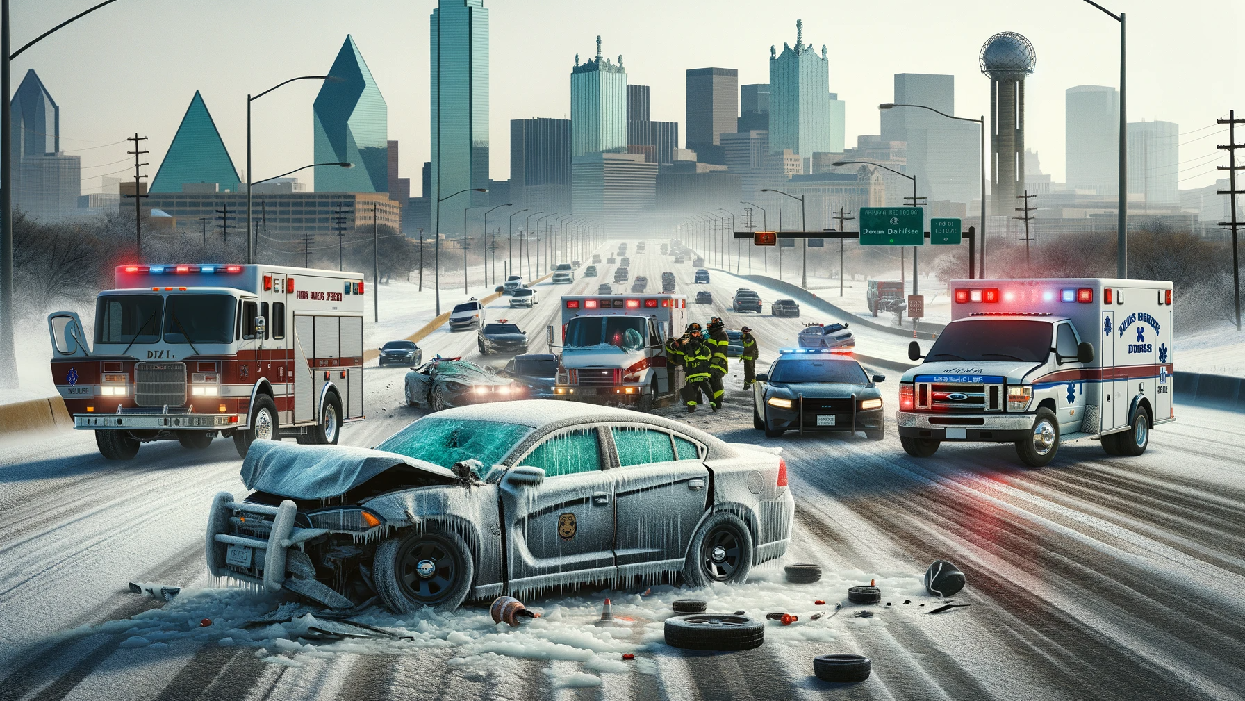 Car accident on an icy road near downtown Dallas
