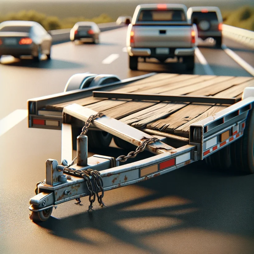 detached flatbed trailer on highway