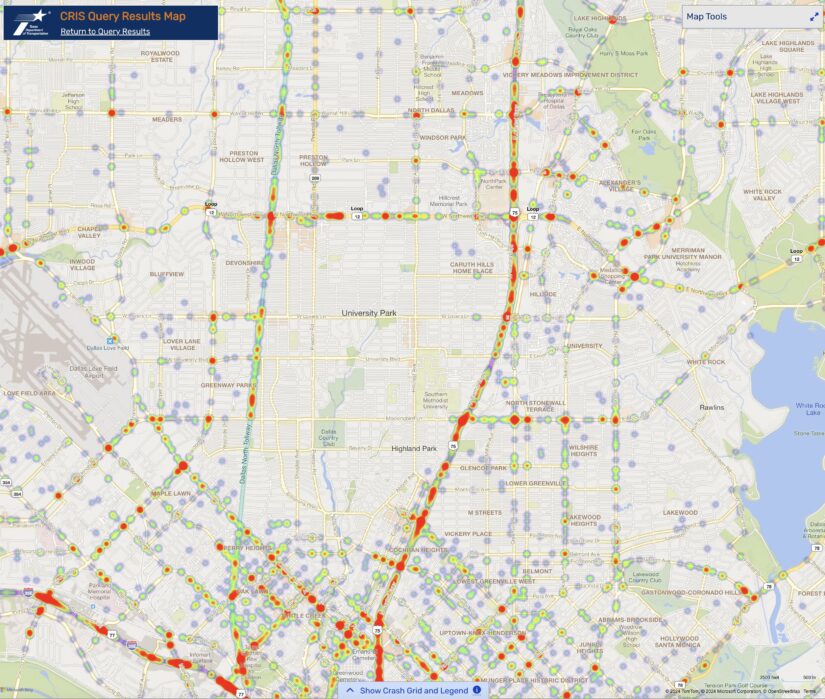 Heat map showing Dallas car accidents in 2023 near SMU campus