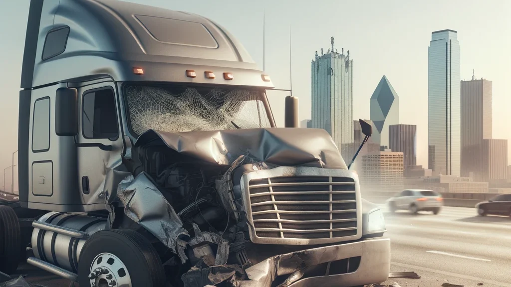 close-up of a crumpled truck front end after truck accident in dallas