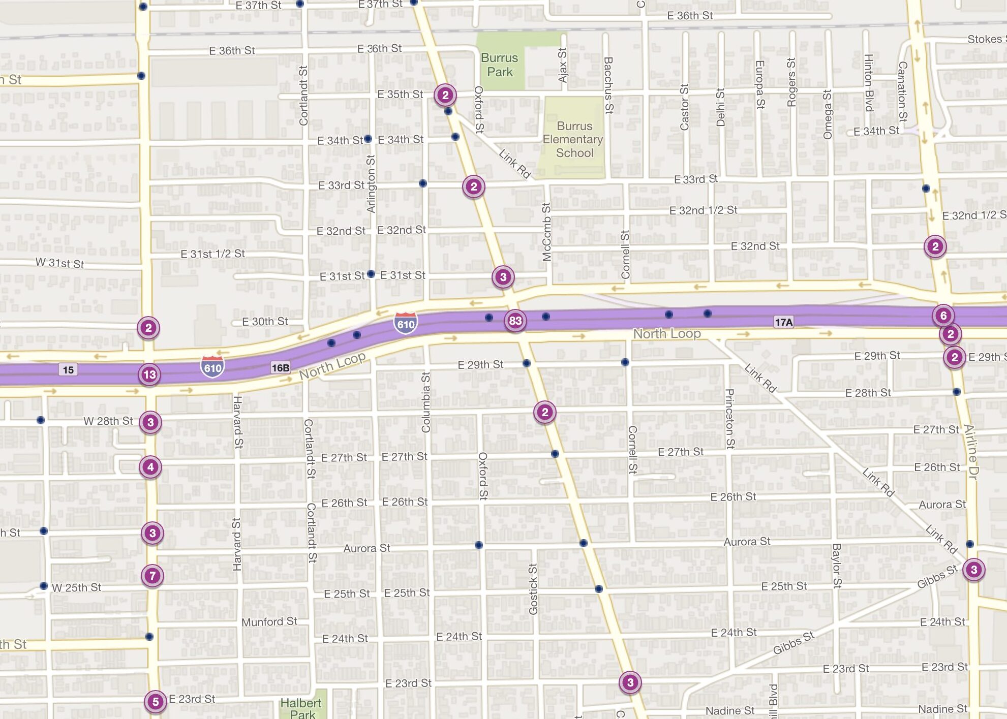 Cluster Map of 2023 Car Accidents at I-610 & N. Main Street (TXDOT)