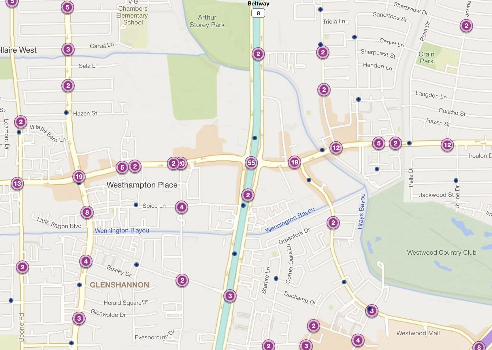 Cluster Map of 2023 Car Accidents at Beltway 8 & Beechnut (TXDOT)