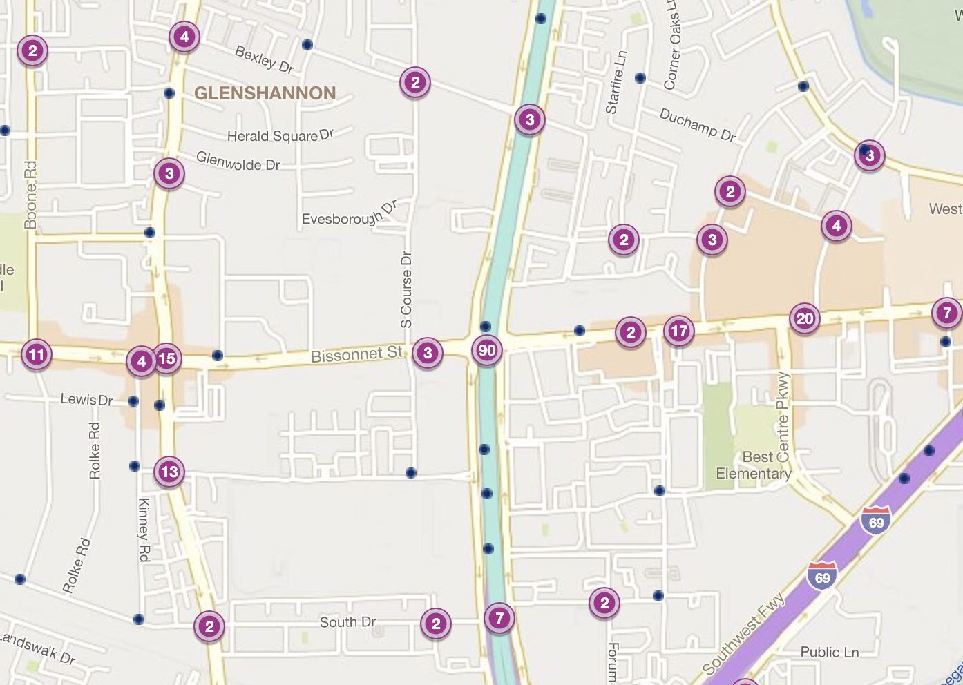 Cluster Map of 2023 Car Accidents at Beltway 8 & Bissonnet Street (TXDOT)