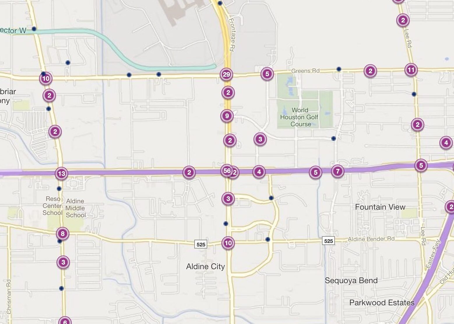Cluster Map of 2023 Car Accidents at N. Sam Houston Pkwy & John F. Kennedy Blvd (TXDOT)