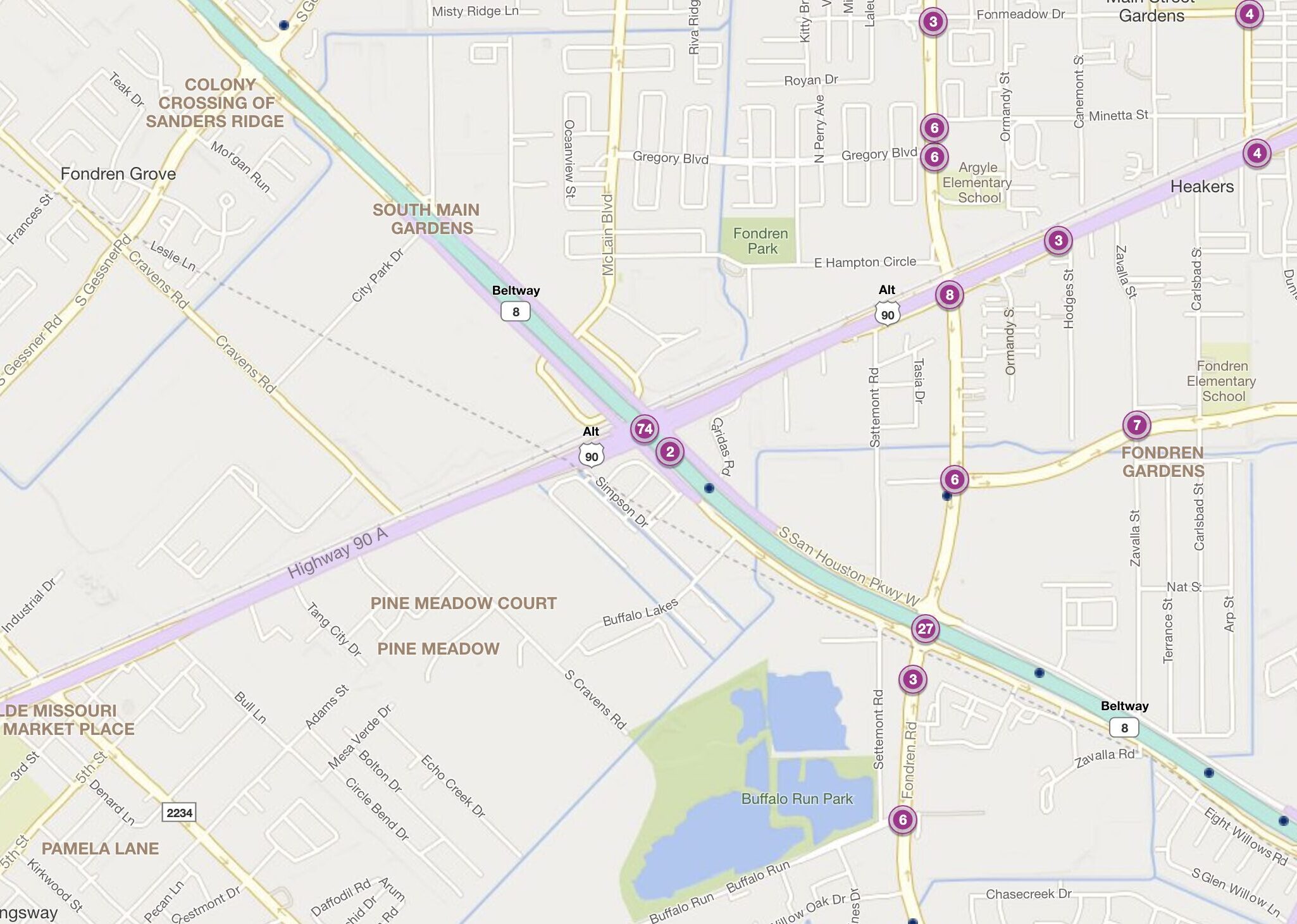 Cluster Map of 2023 Car Accidents at Alt US 90 & Beltway 8 (TXDOT)
