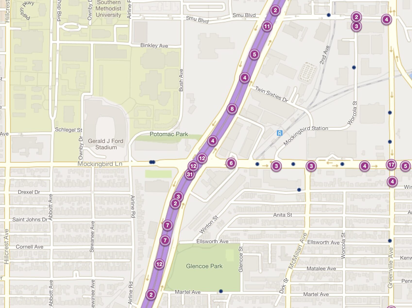 Cluster Map of 2023 Car Accidents - US-75 & Mockingbird Lane