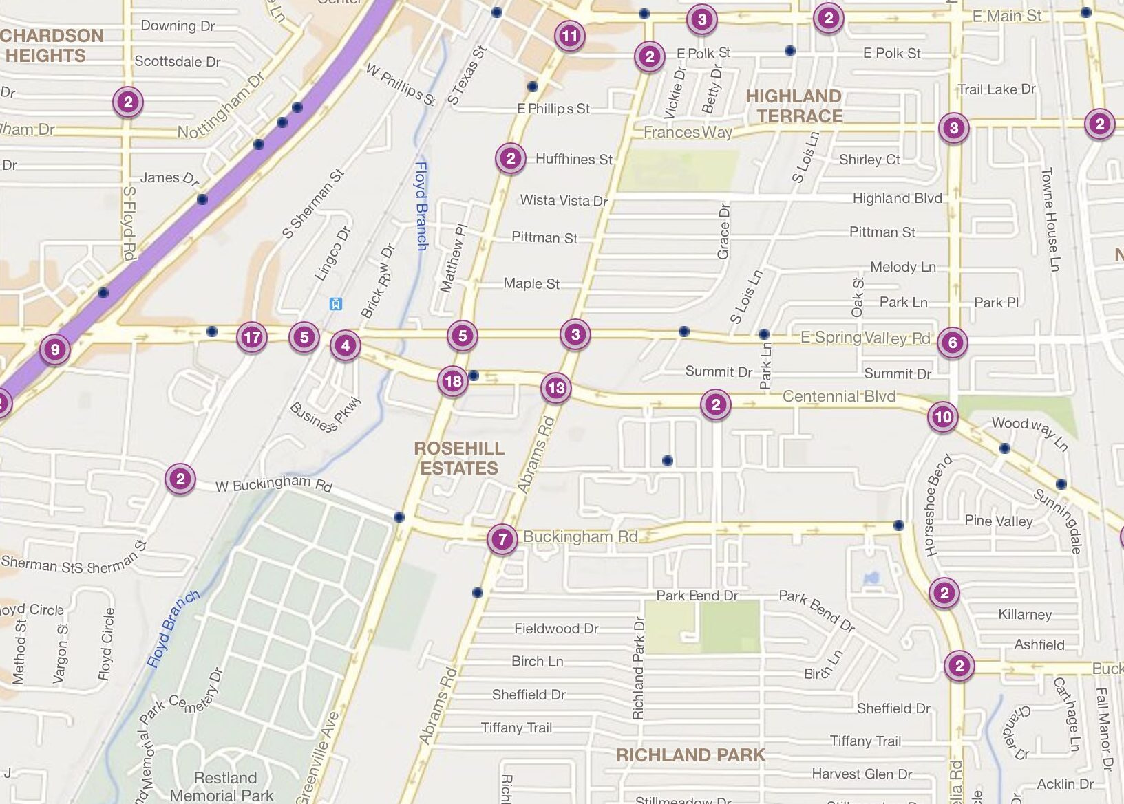 Cluster Map of 2023 Car Accidents at Abrams Rd. & Centennial Blvd. (TXDOT)