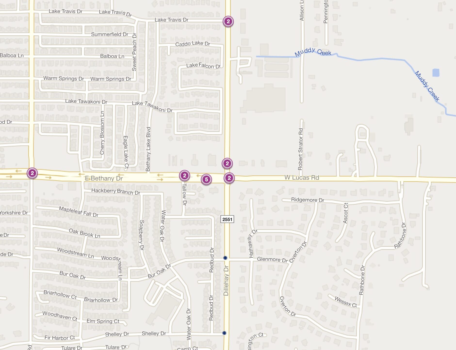 Cluster Map of 2023 Car Accidents at Bethany Dr. & Dillehay Dr. (TXDOT)