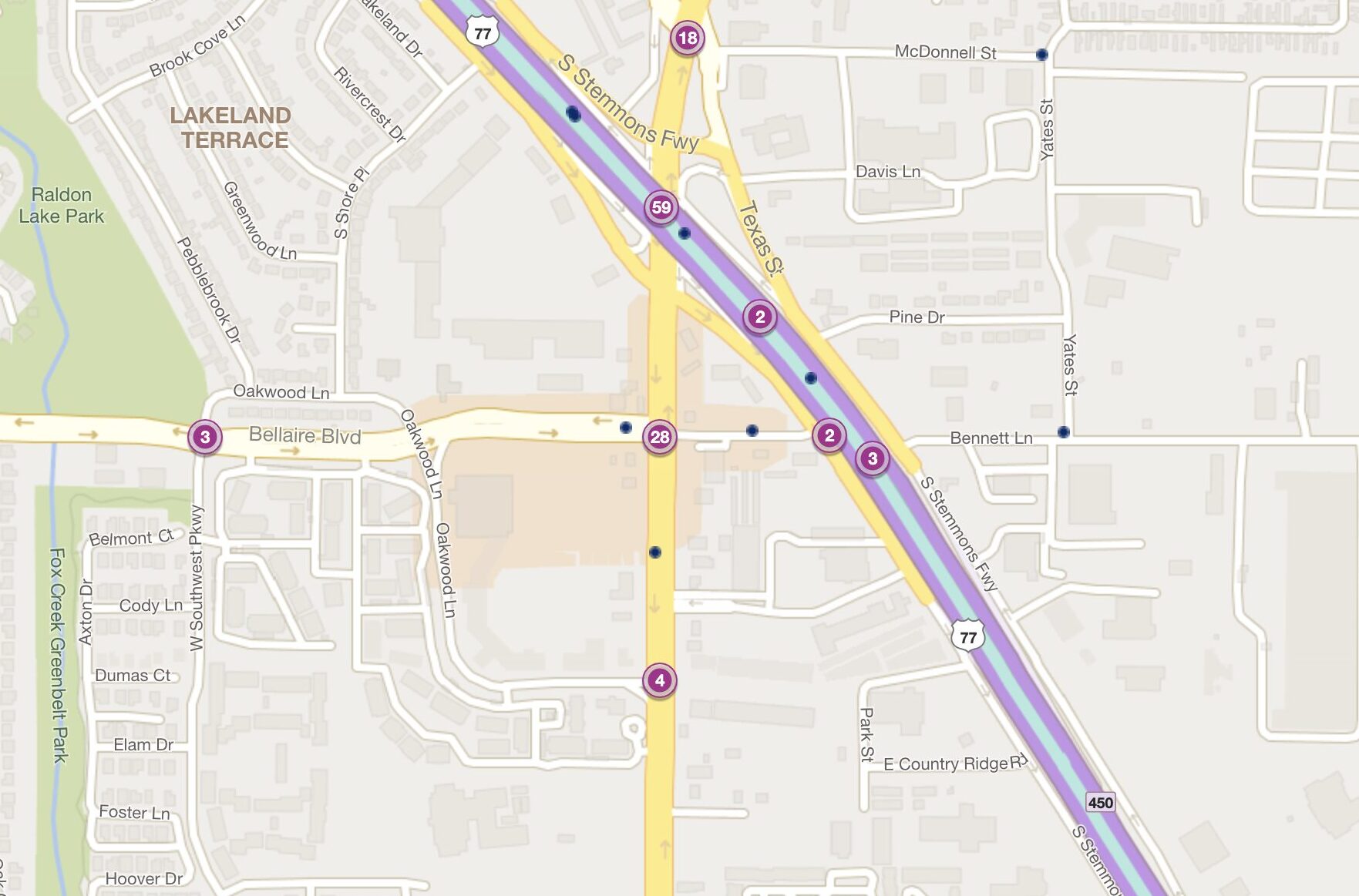 Cluster Map of 2023 Car Accidents at Bus TX-121 & Bellaire Blvd. (TXDOT)