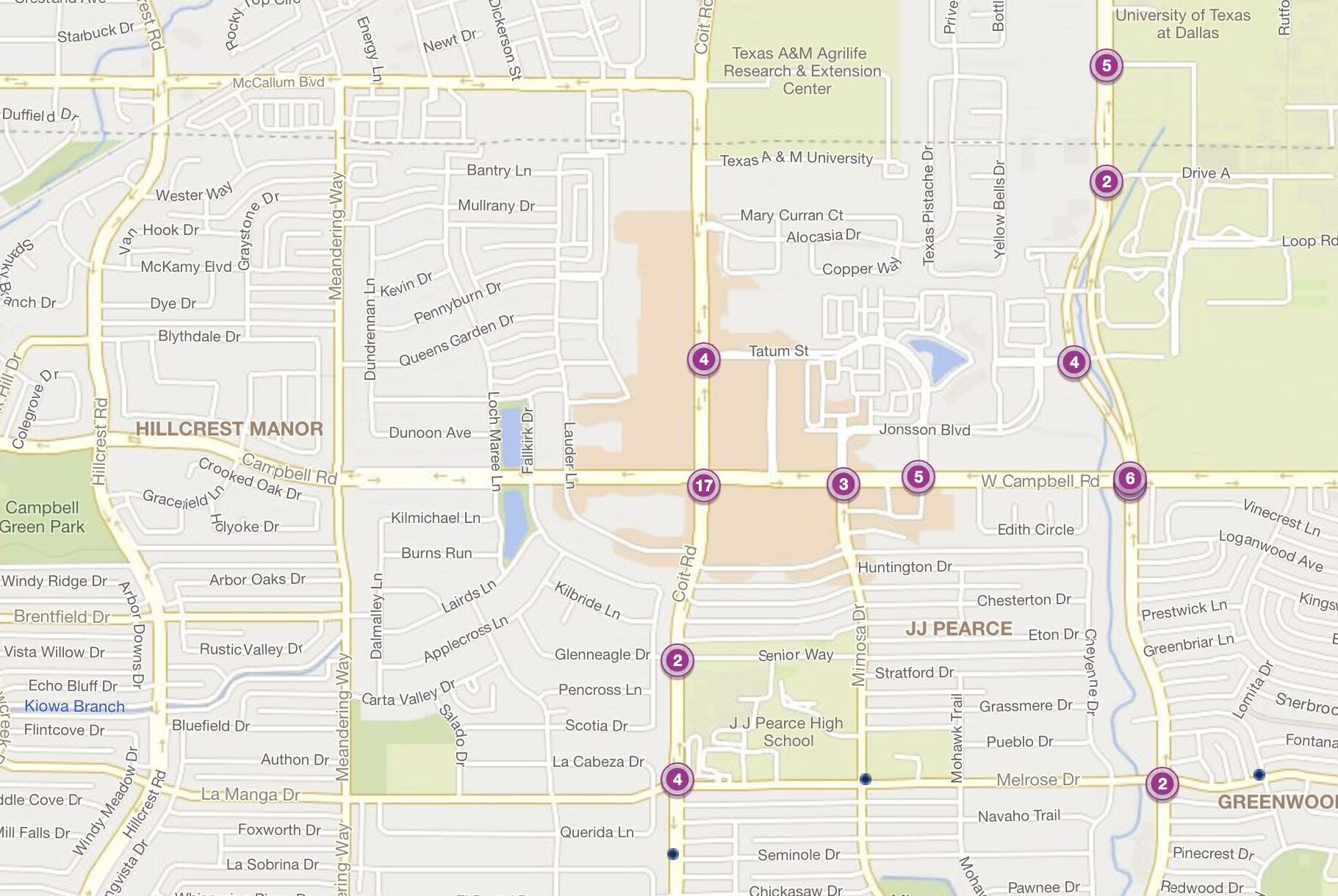 Cluster Map of 2023 Car Accidents at Coit Rd. & Campbell Rd. (TXDOT)