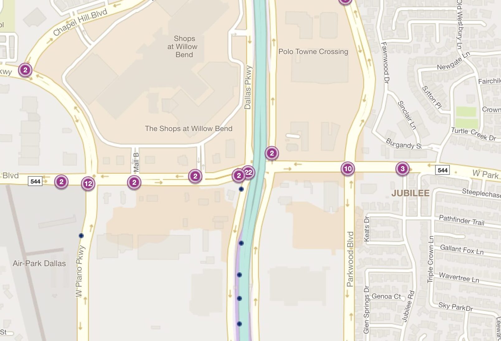 Cluster Map of 2023 Car Accidents at Dallas North Tollway & W. Park Blvd. (TXDOT)