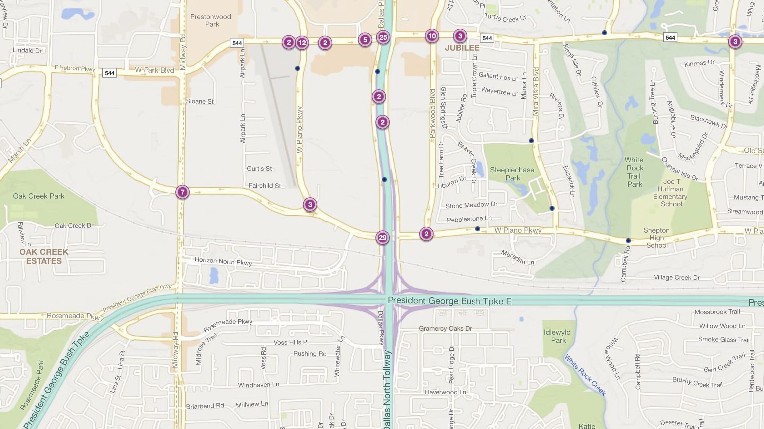 Cluster Map of 2023 Car Accidents at Dallas North Tollway & W. Plano Pkwy. (TXDOT)