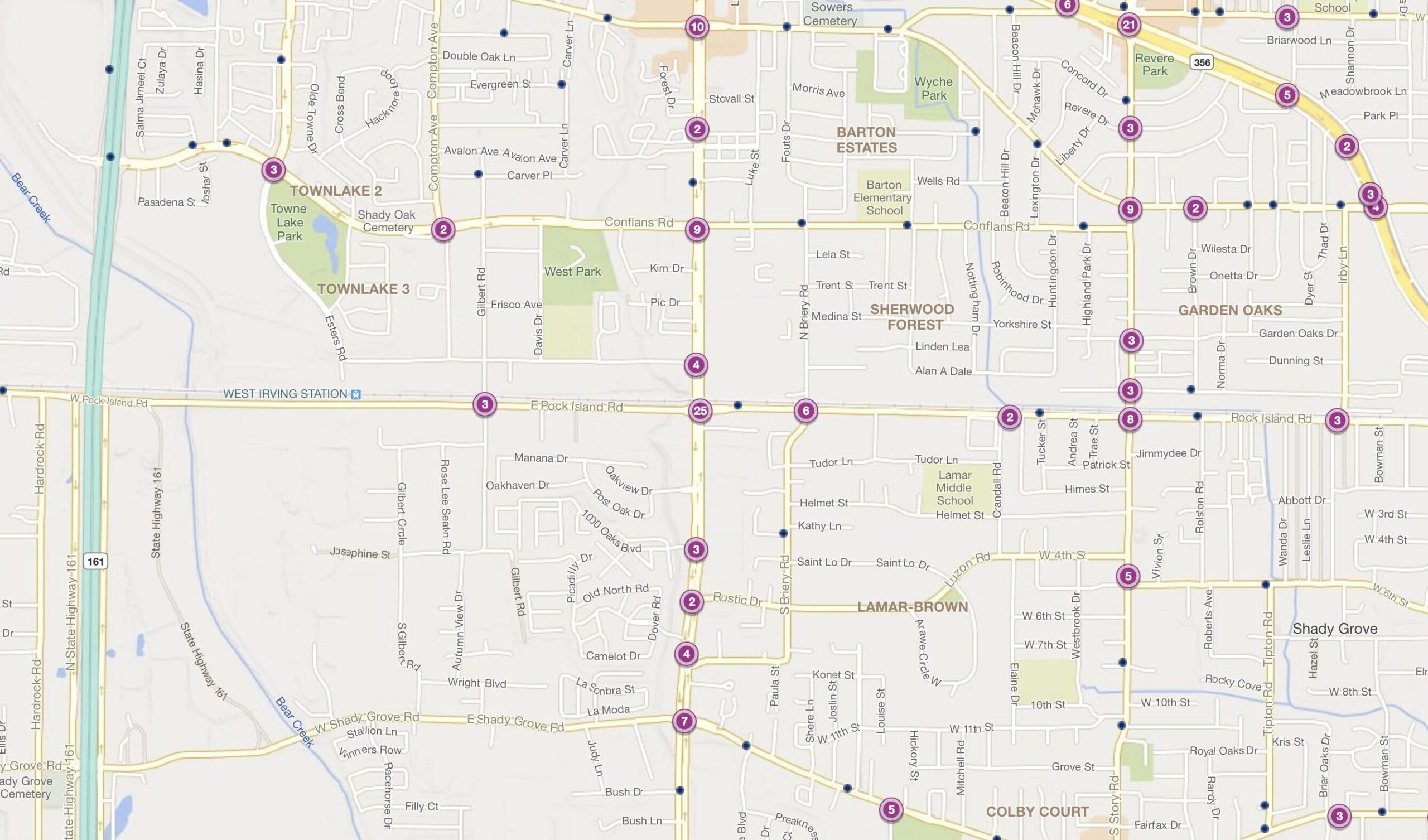 Cluster Map of 2023 Car Accidents at E. Rock Island Rd. & S. Belt Line Rd. (TXDOT)