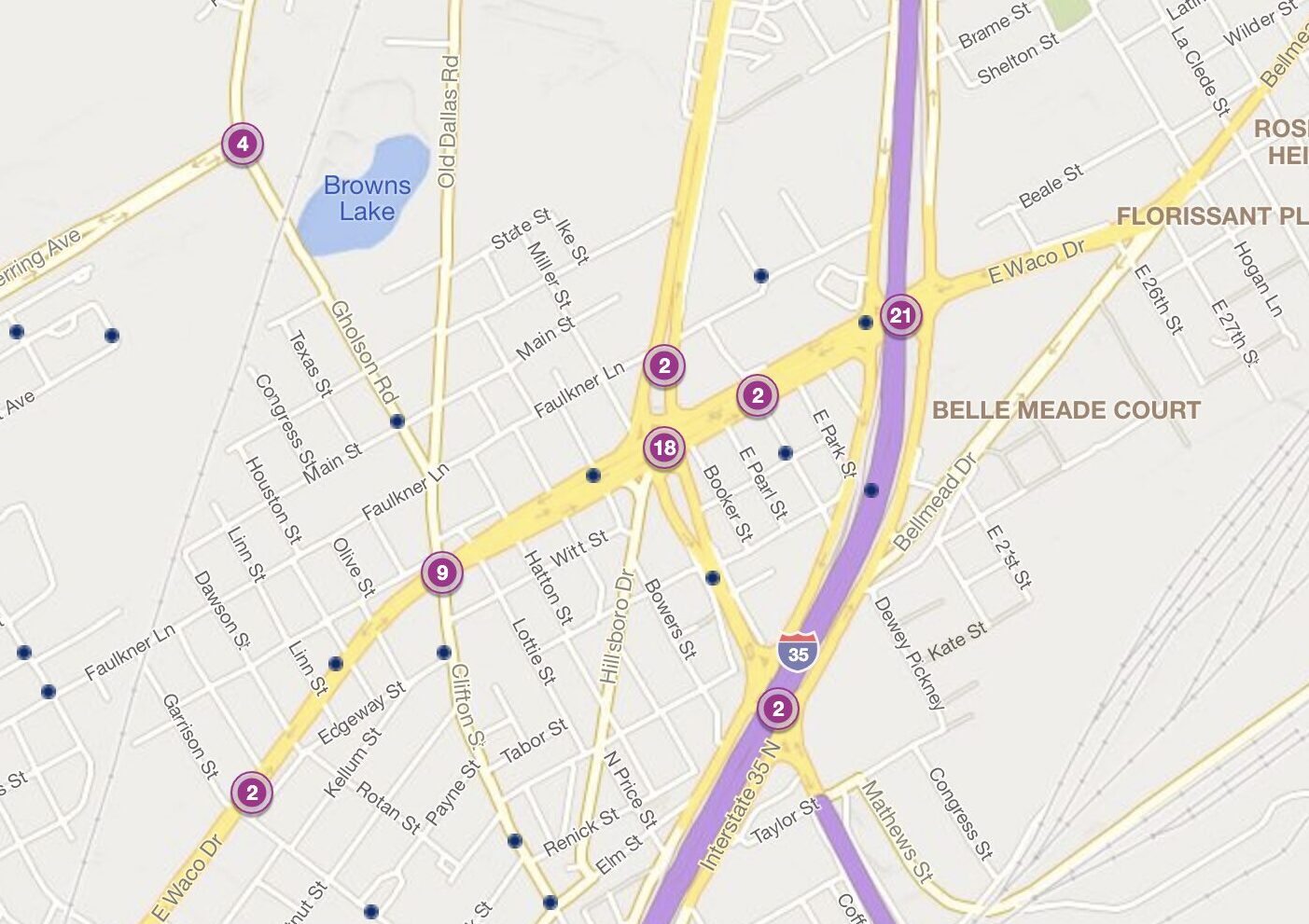 Cluster Map of 2023 Car Accidents at E. Waco Dr. & Business US 77 (New Dallas Hwy.) (TXDOT)
