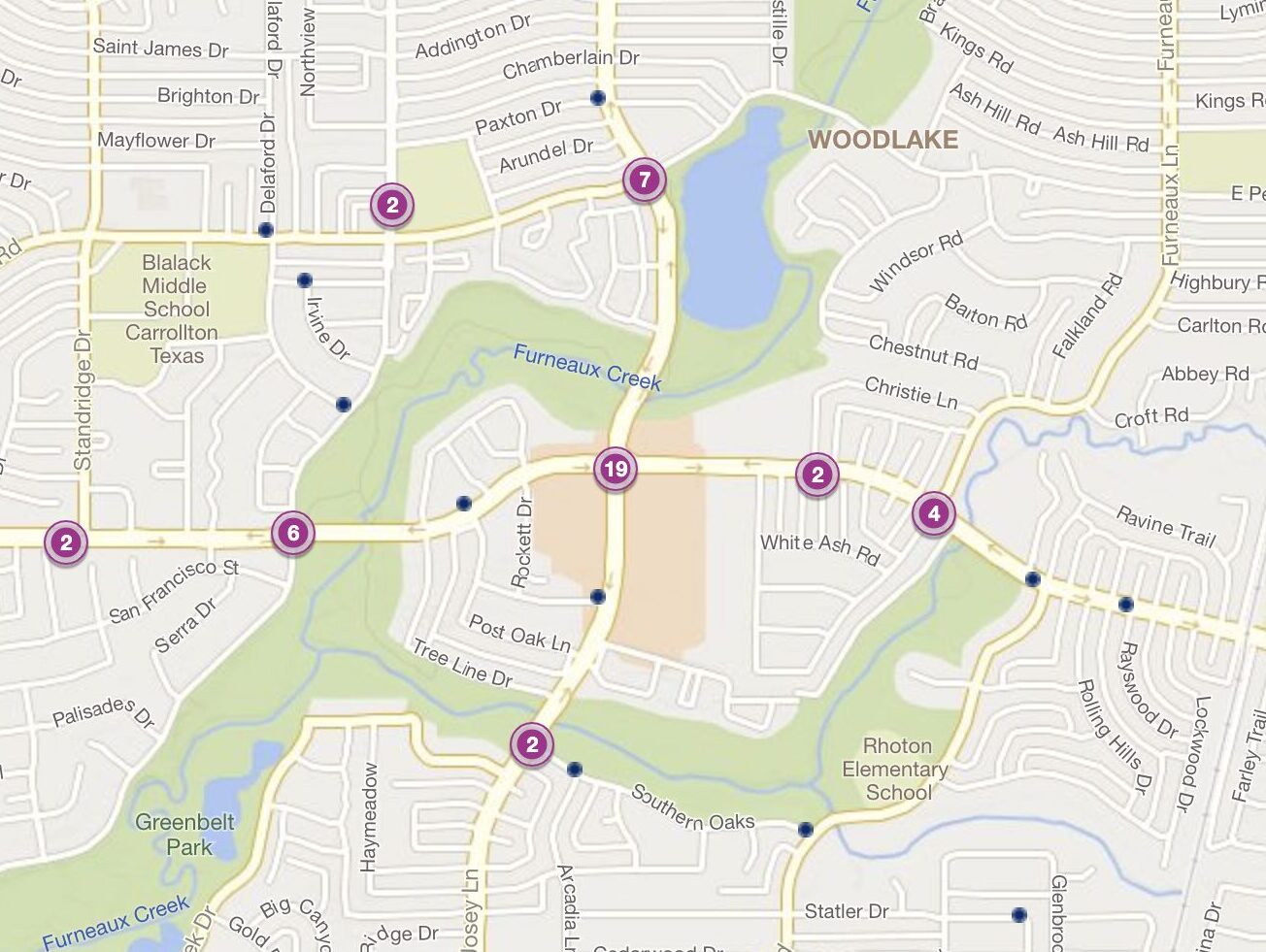 Cluster Map of 2023 Car Accidents at Frankford Rd. & N. Josey Ln. (TXDOT)