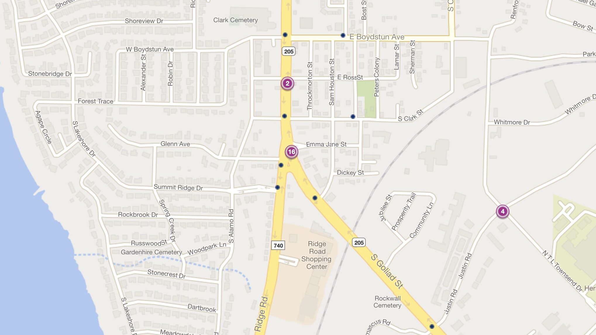 Cluster Map of 2023 Car Accidents at Goliad St. & Ridge Rd. (TXDOT)
