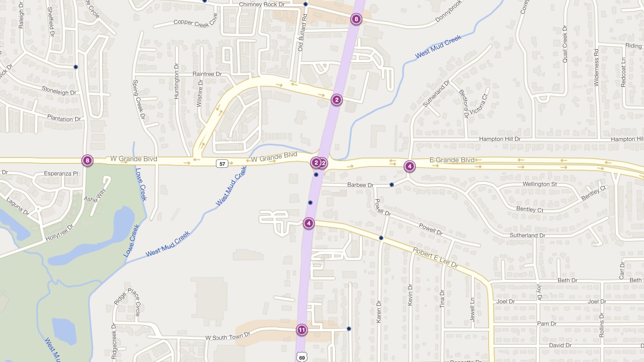 Cluster Map of 2023 Car Accidents at Grande Blvd. & US 69 (TXDOT)