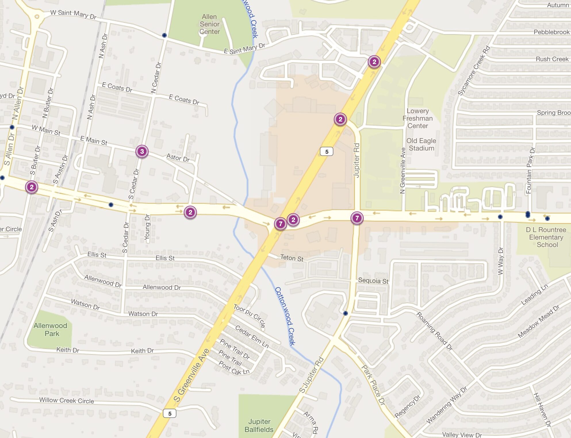 Cluster Map of 2023 Car Accidents at Greenville Ave. & Main St. (TXDOT)