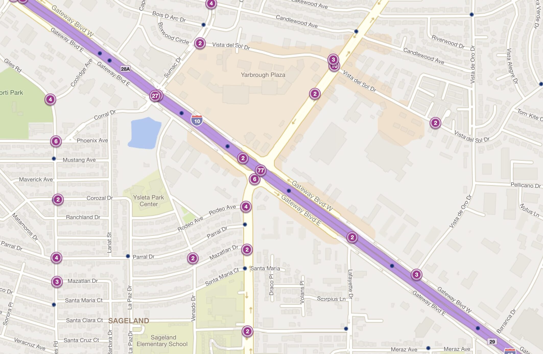 Cluster Map of 2023 Car Accidents at I-10 & N. Yarbrough Dr. (TXDOT)