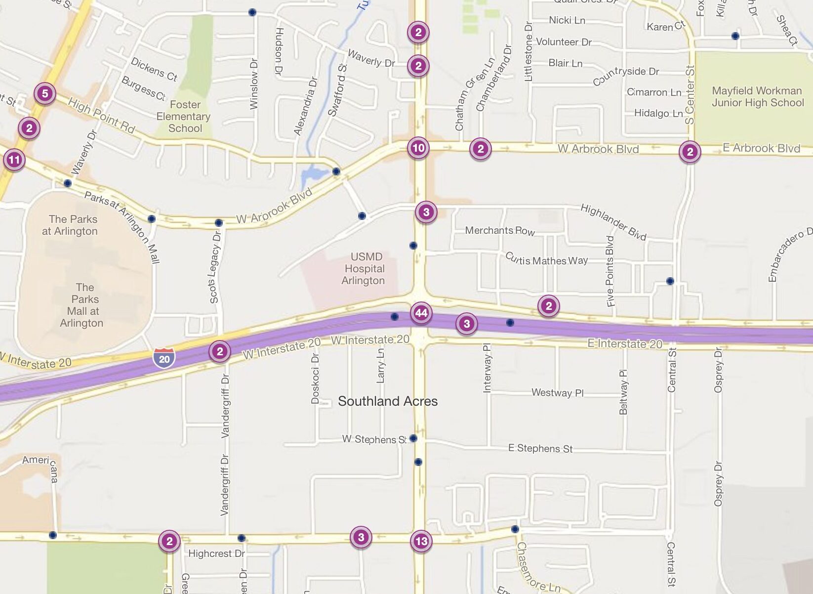Cluster Map of 2023 Car Accidents at I-20 & Matlock Road (TXDOT)