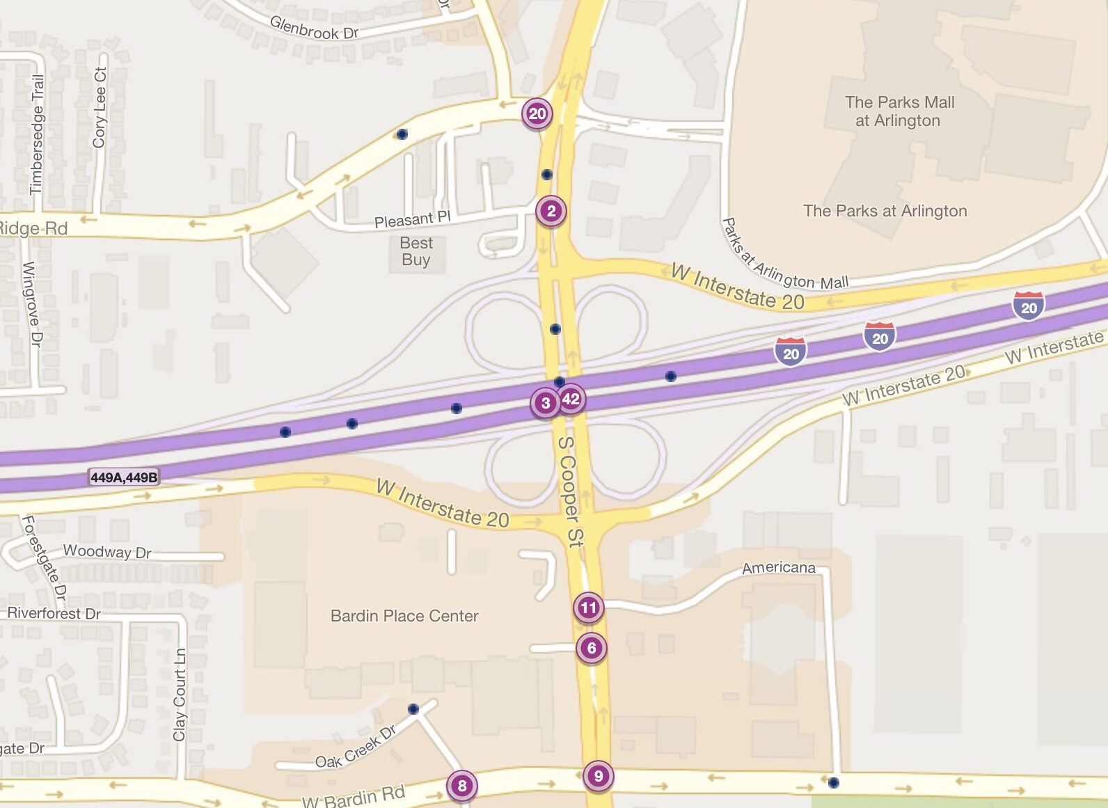 Cluster Map of 2023 Car Accidents at I-20 & S Cooper St