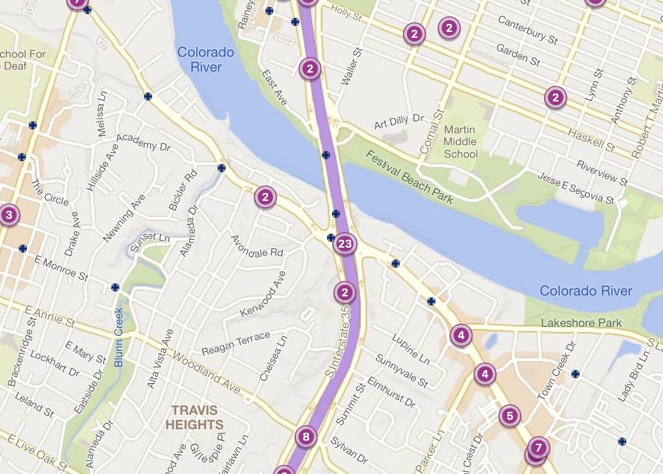 Cluster Map of 2023 Car Accidents at I-35 & E. Riverside Drive (TXDOT)