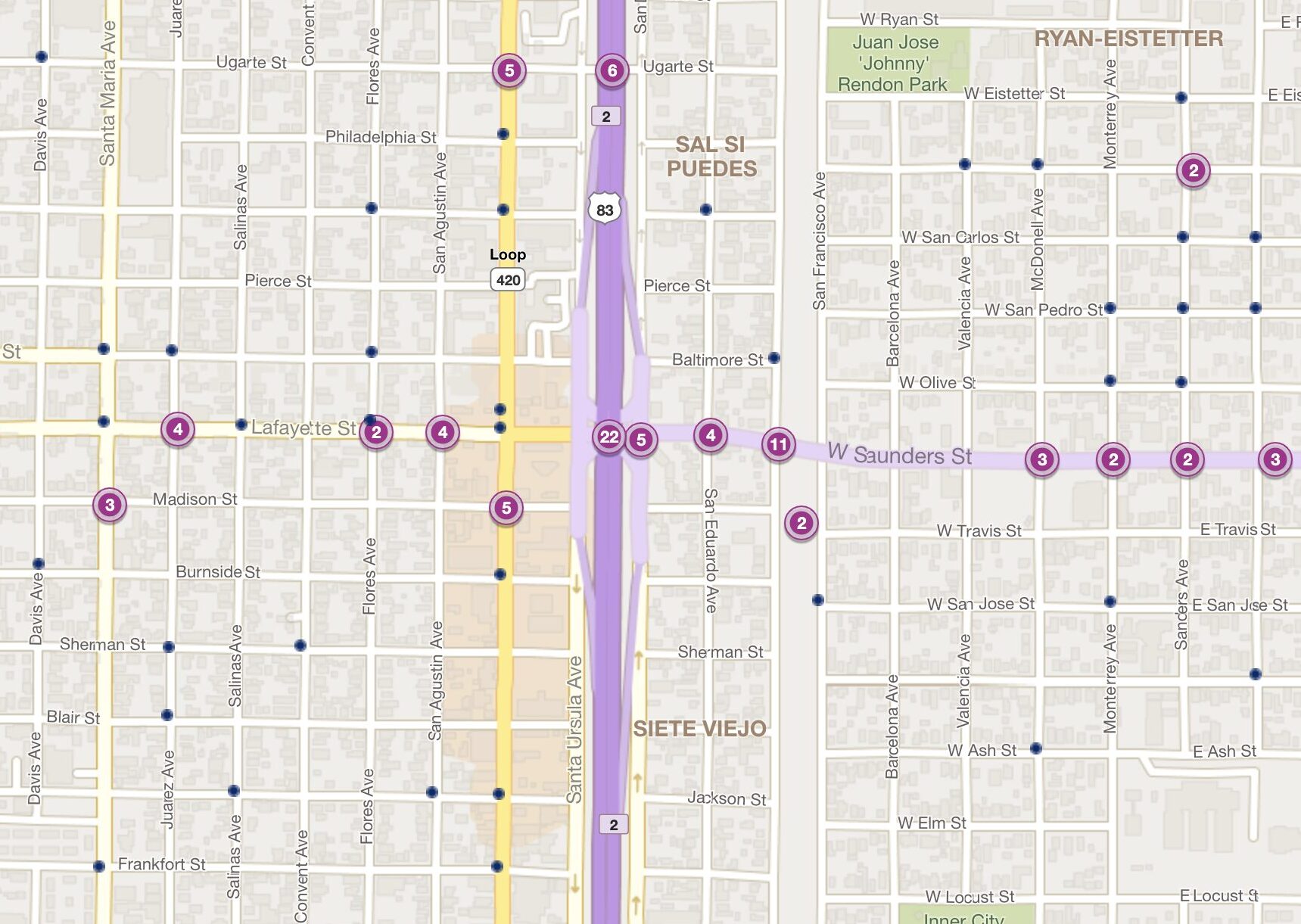 Cluster Map of 2023 Car Accidents at I-35 (US 83) & W. Saunders St. (TXDOT)