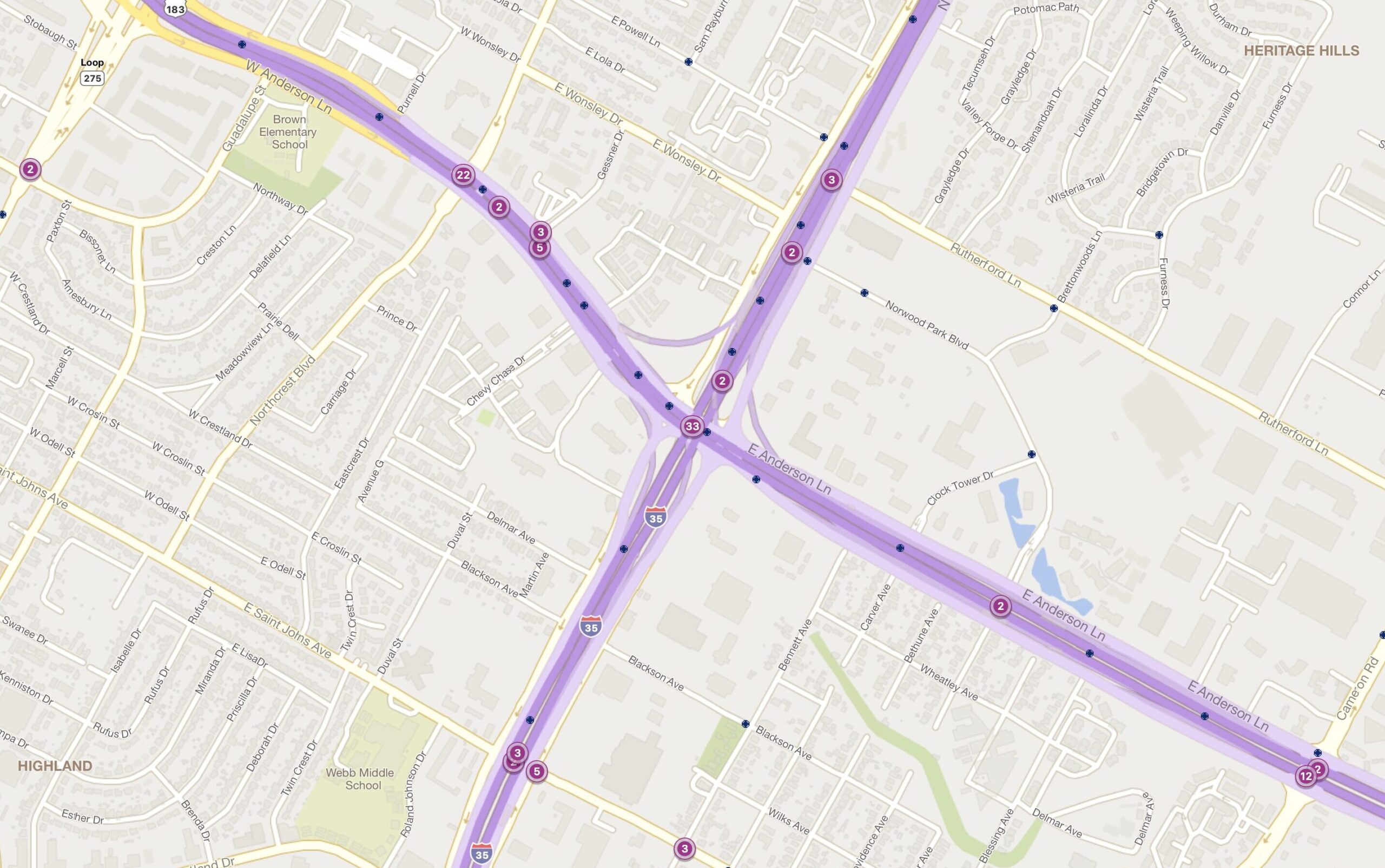 Cluster Map of 2023 Car Accidents at IH-35 & US Route 183 (TXDOT)