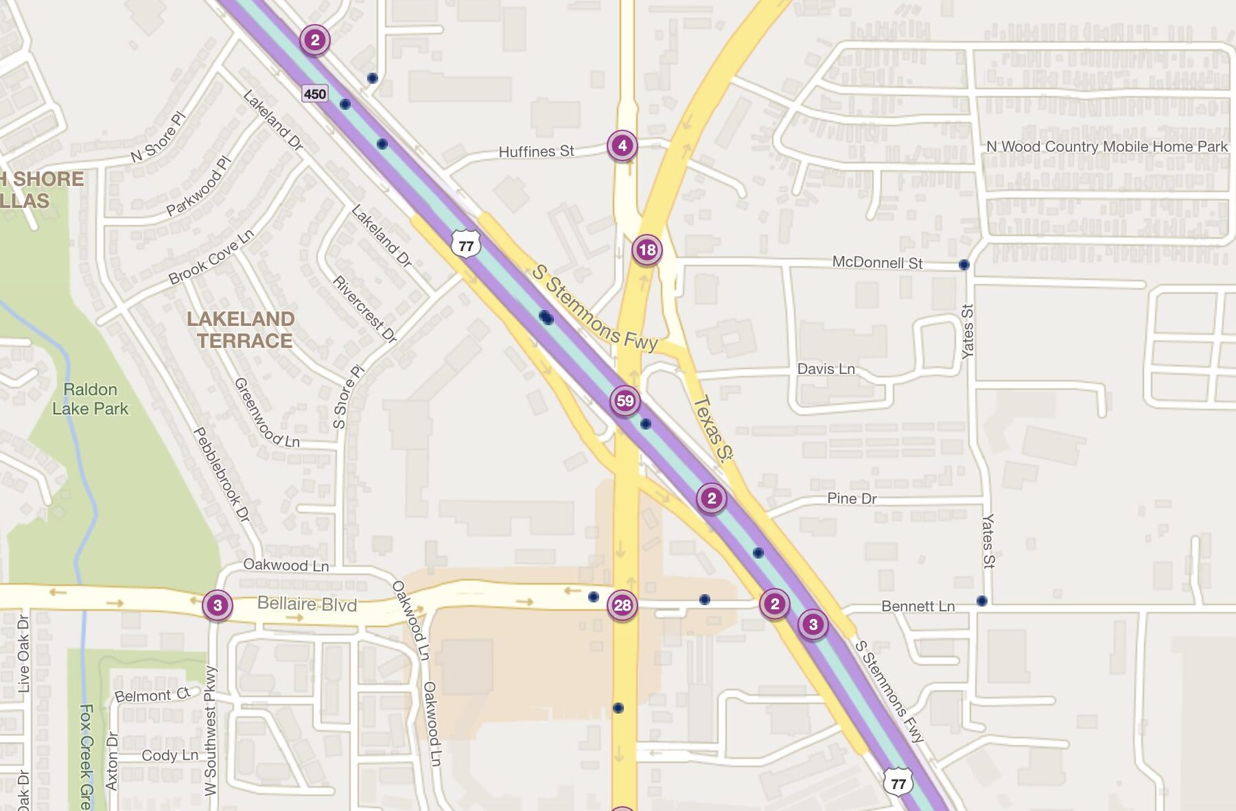 Cluster Map of 2023 Car Accidents at I-35E & Bus TX-121 (TXDOT)