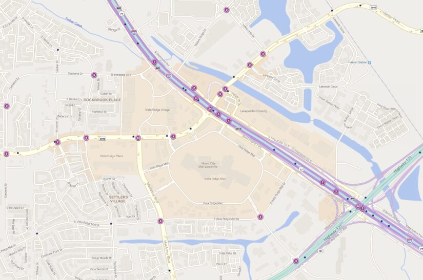 Cluster Map of 2023 Car Accidents at I-35E & Hebron Pkwy (TXDOT)