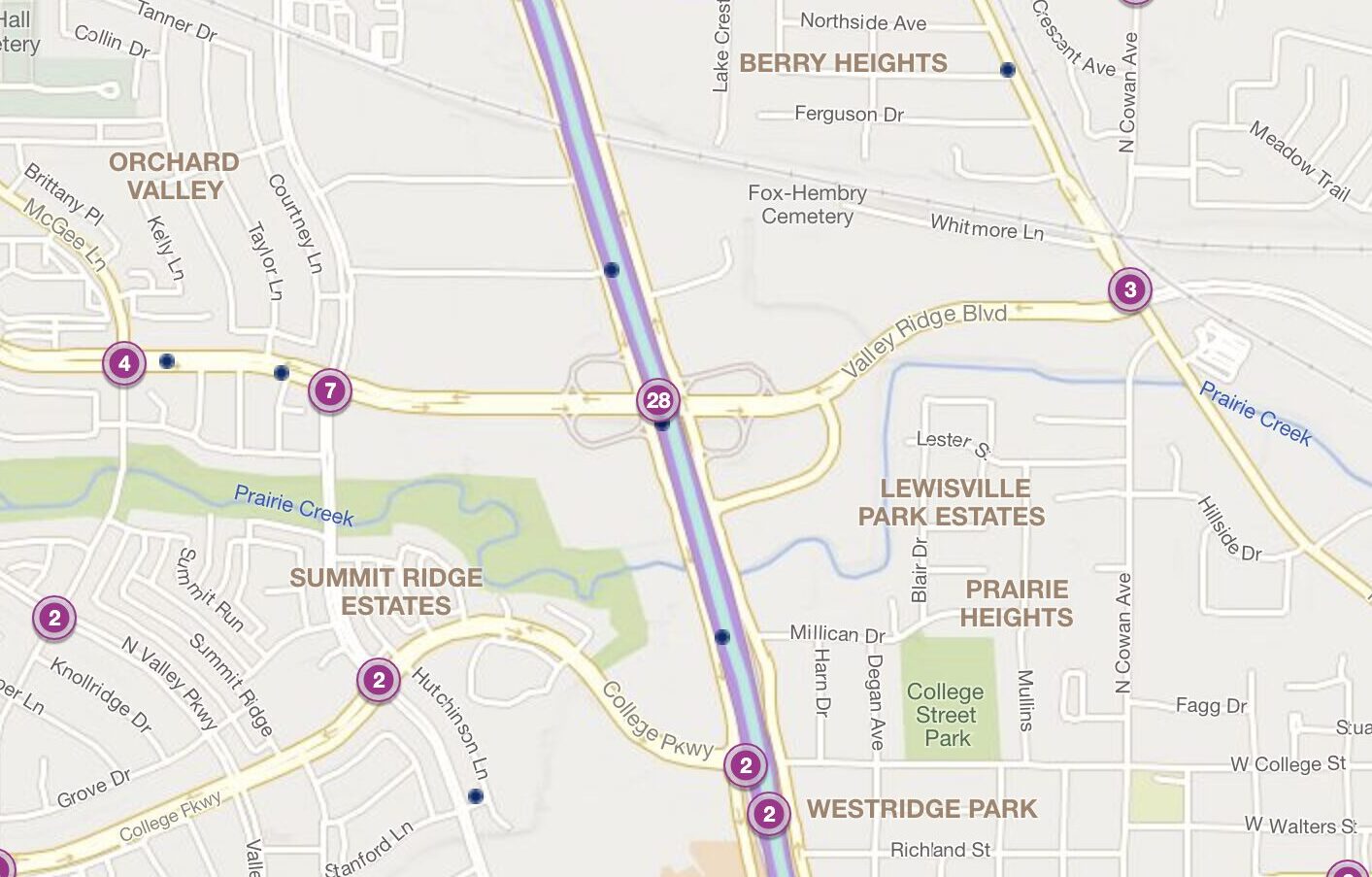Cluster Map of 2023 Car Accidents at I-35E & Valley Ridge Blvd. (TXDOT)