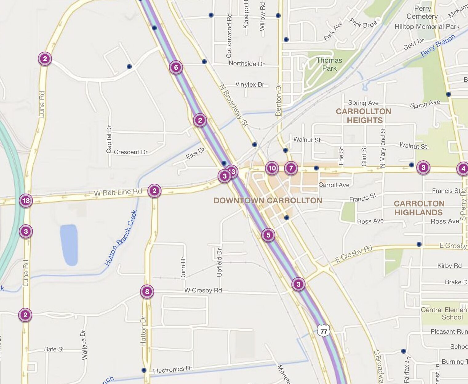 Cluster Map of 2023 Car Accidents at I-35E & W. Belt Line Rd. (TXDOT)