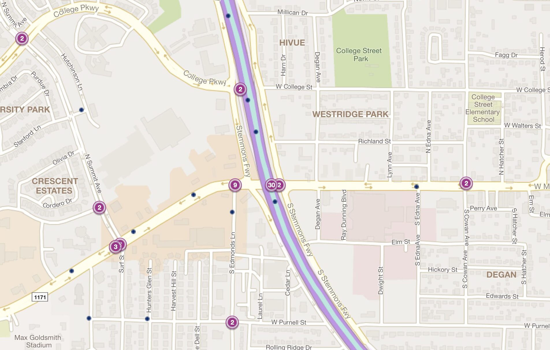 Cluster Map of 2023 Car Accidents at I-35E & W. Main St. (TXDOT)