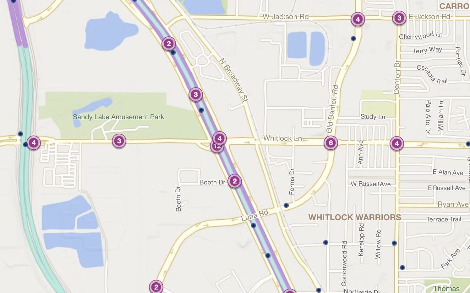 Cluster Map of 2023 Car Accidents at I-35E & Whitlock Ln. (TXDOT)
