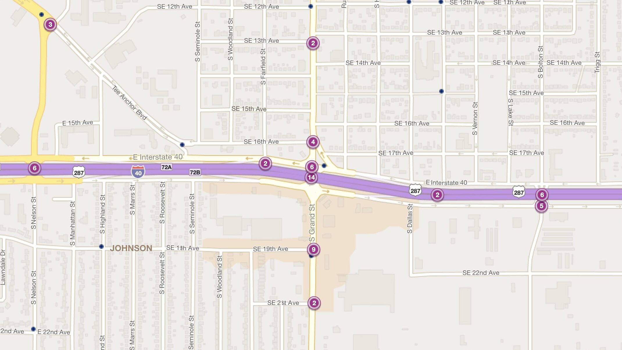 Cluster Map of 2023 Car Accidents at I-40 & Grand St. (TXDOT)