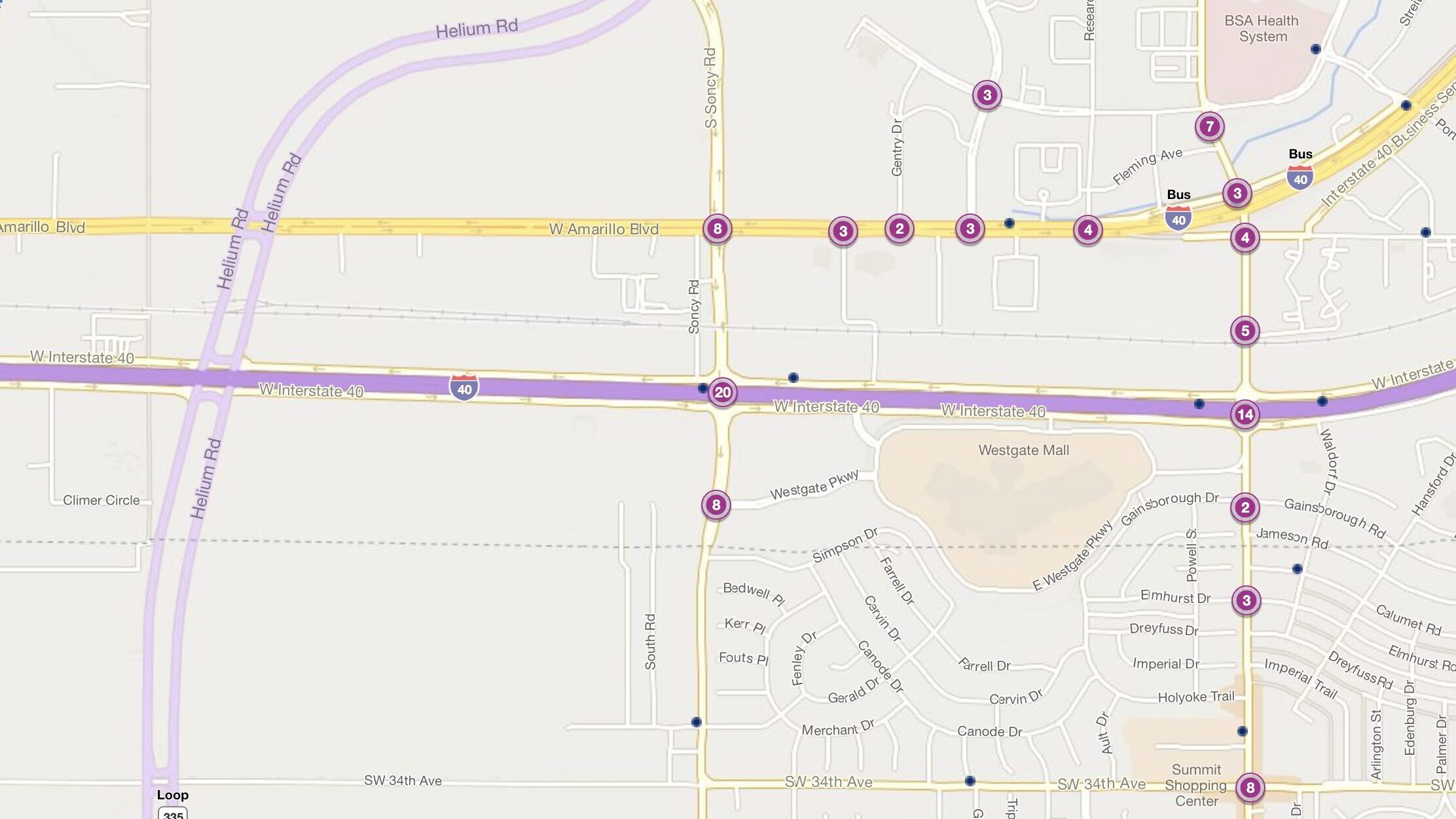 Cluster Map of 2023 Car Accidents at I-40 & Soncy Rd. (TXDOT)