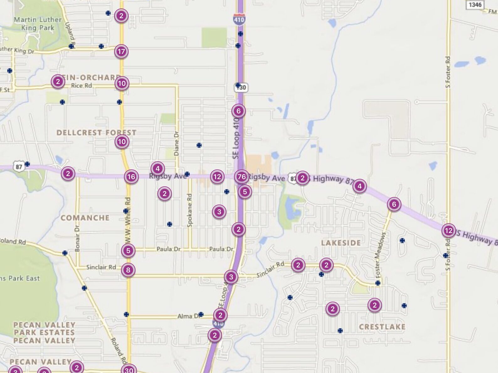 Cluster Map of 2023 Car Accidents at I-410 & US 87 (Rigsby Ave)