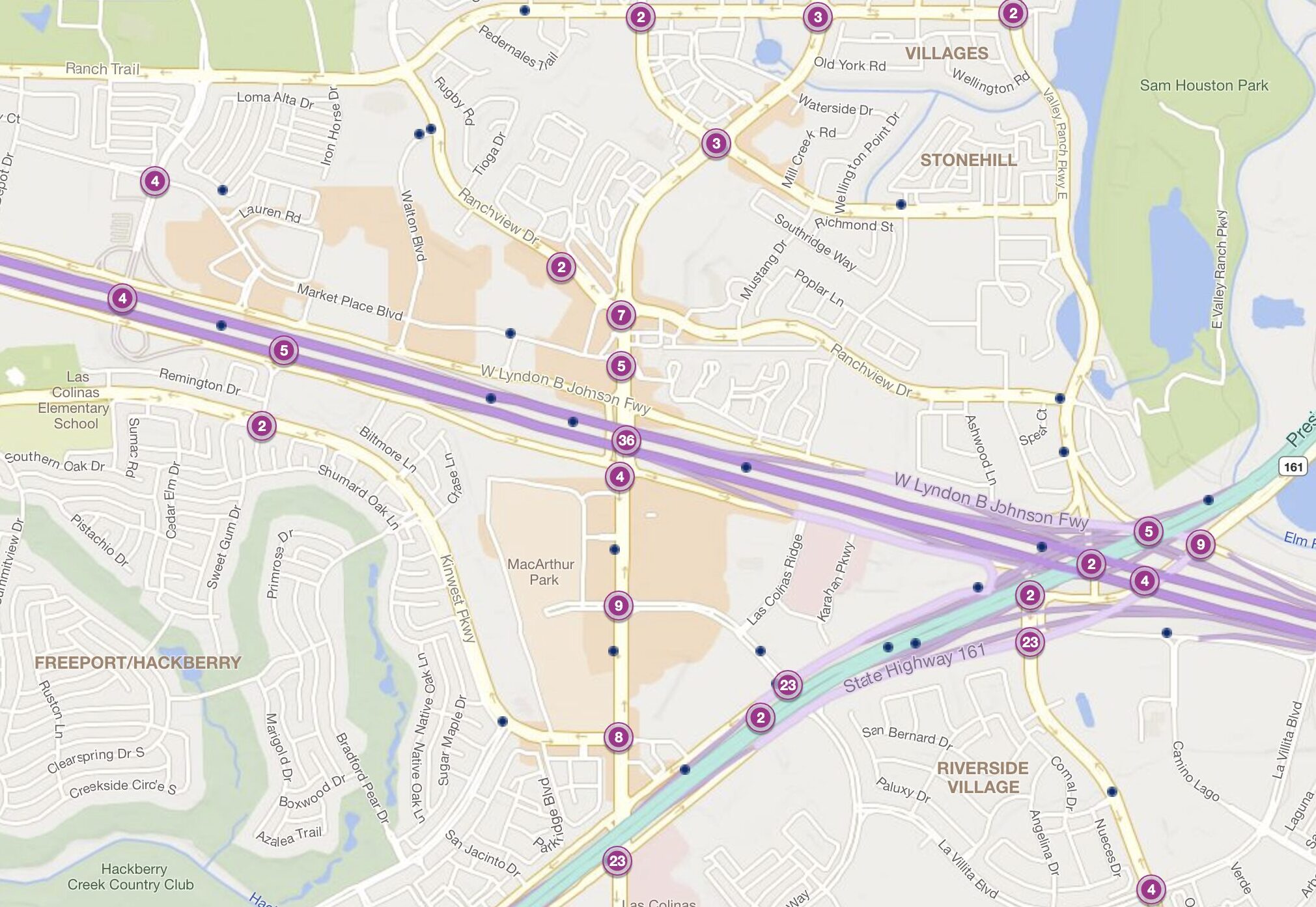 Cluster Map of 2023 Car Accidents at I-635 & N. MacArthur Blvd (TXDOT) 