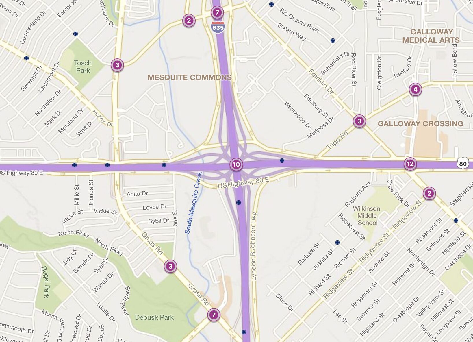 Cluster Map of 2023 Car Accidents at I-635 & US 80 (TXDOT)