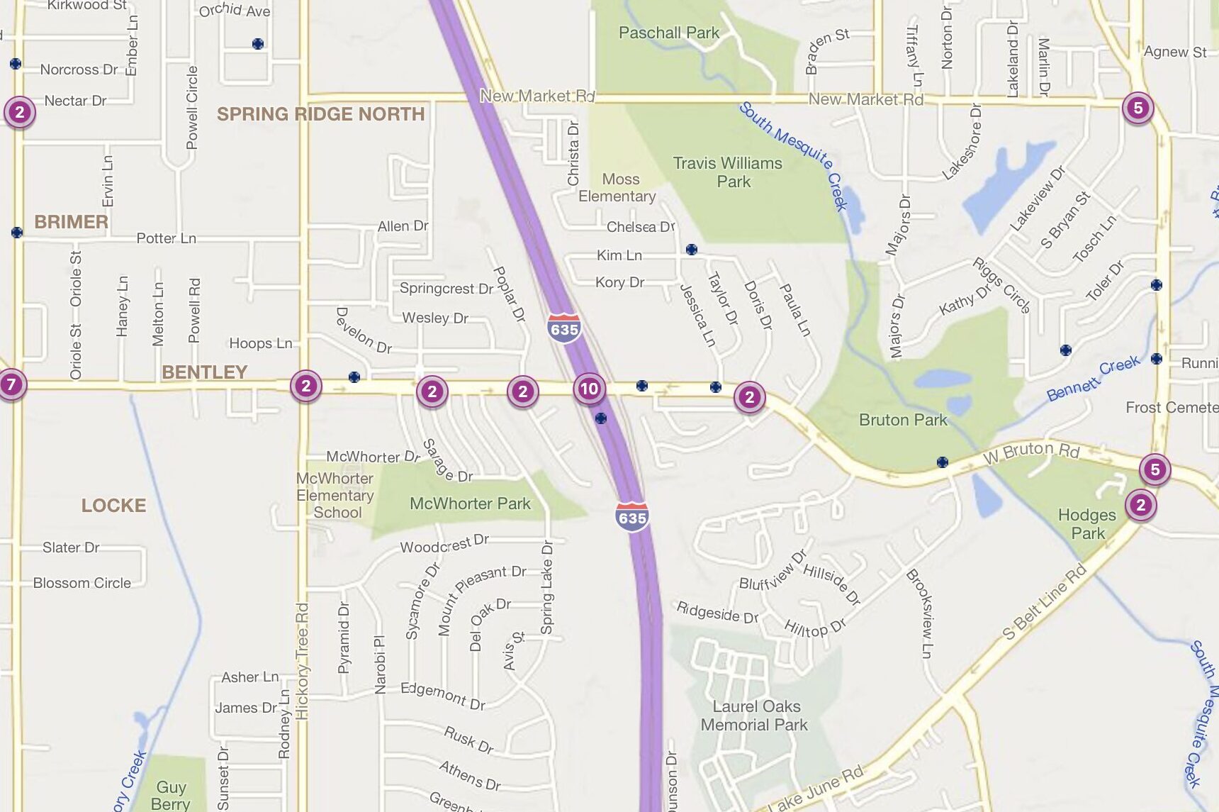 Cluster Map of 2023 Car Accidents at I-635 & W. Bruton Rd. (TXDOT)