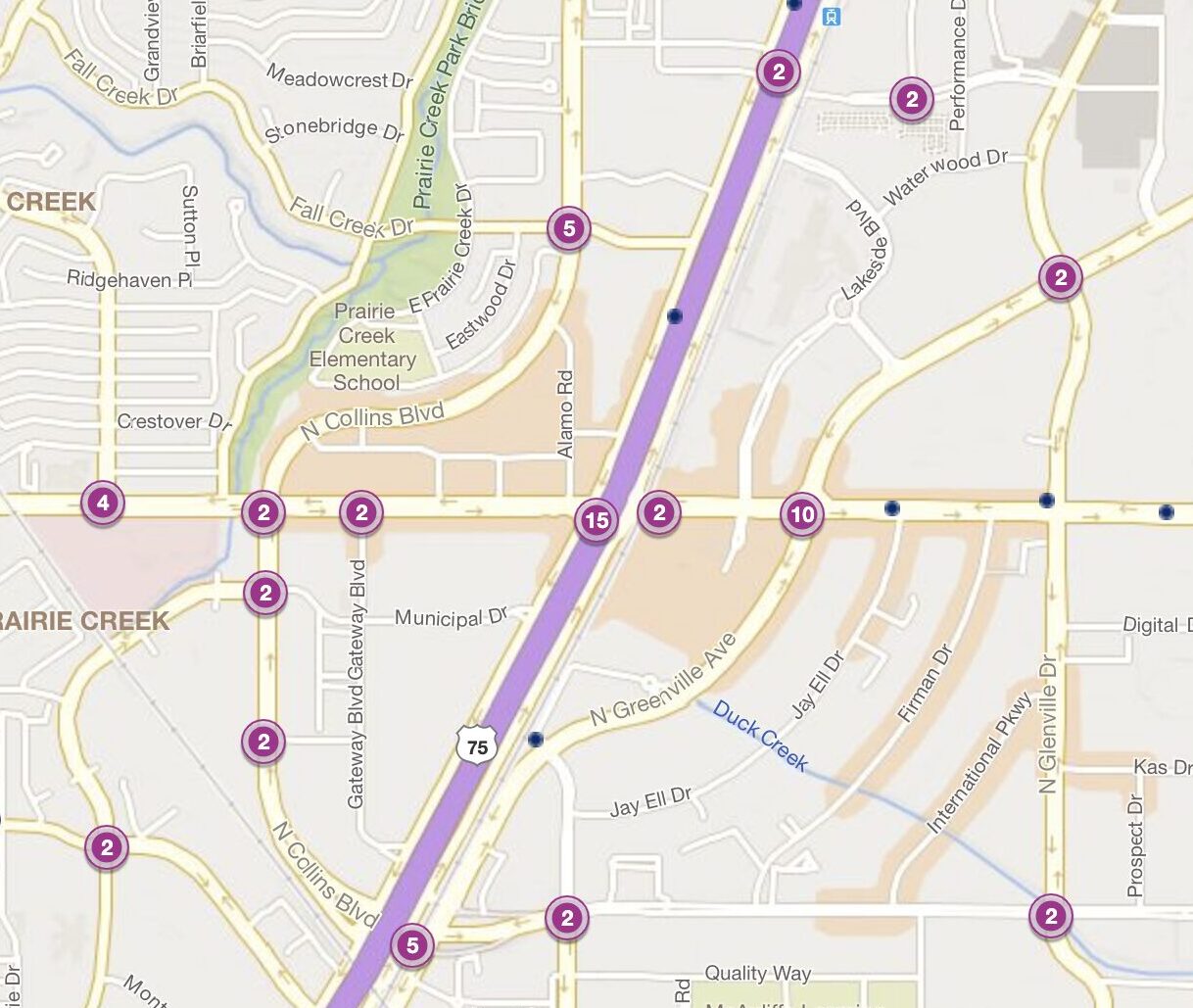 Cluster Map of 2023 Car Accidents at I-75 & W. Campbell Rd. (TXDOT)