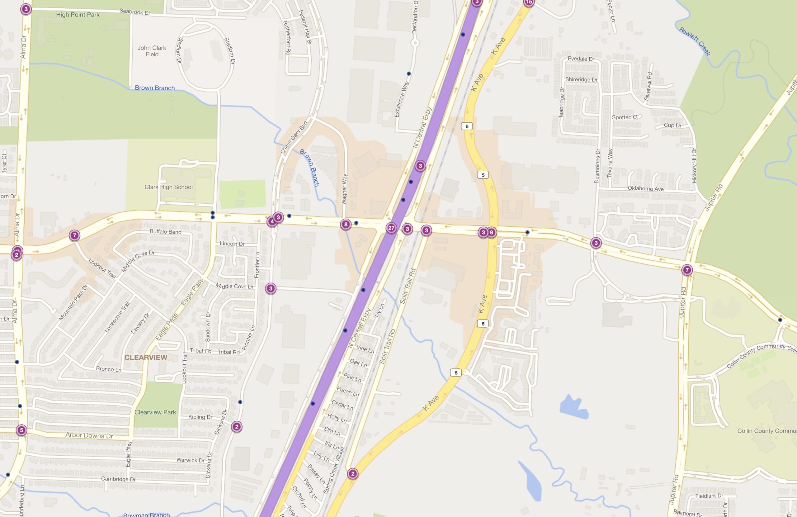 Cluster Map of 2023 Car Accidents at I-75 & W. Spring Creek Pkwy. (TXDOT)