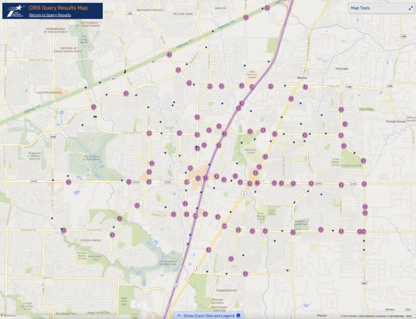 Cluster Map of 2023 Car Accidents at Intersections in Allen, Texas (TXDOT)