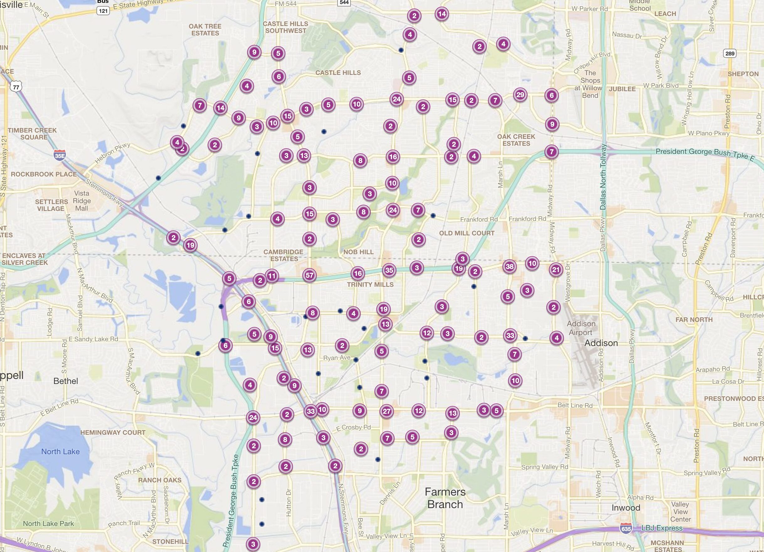 Cluster Map of 2023 Car Accidents at Intersections in Carrollton, TX (TXDOT)