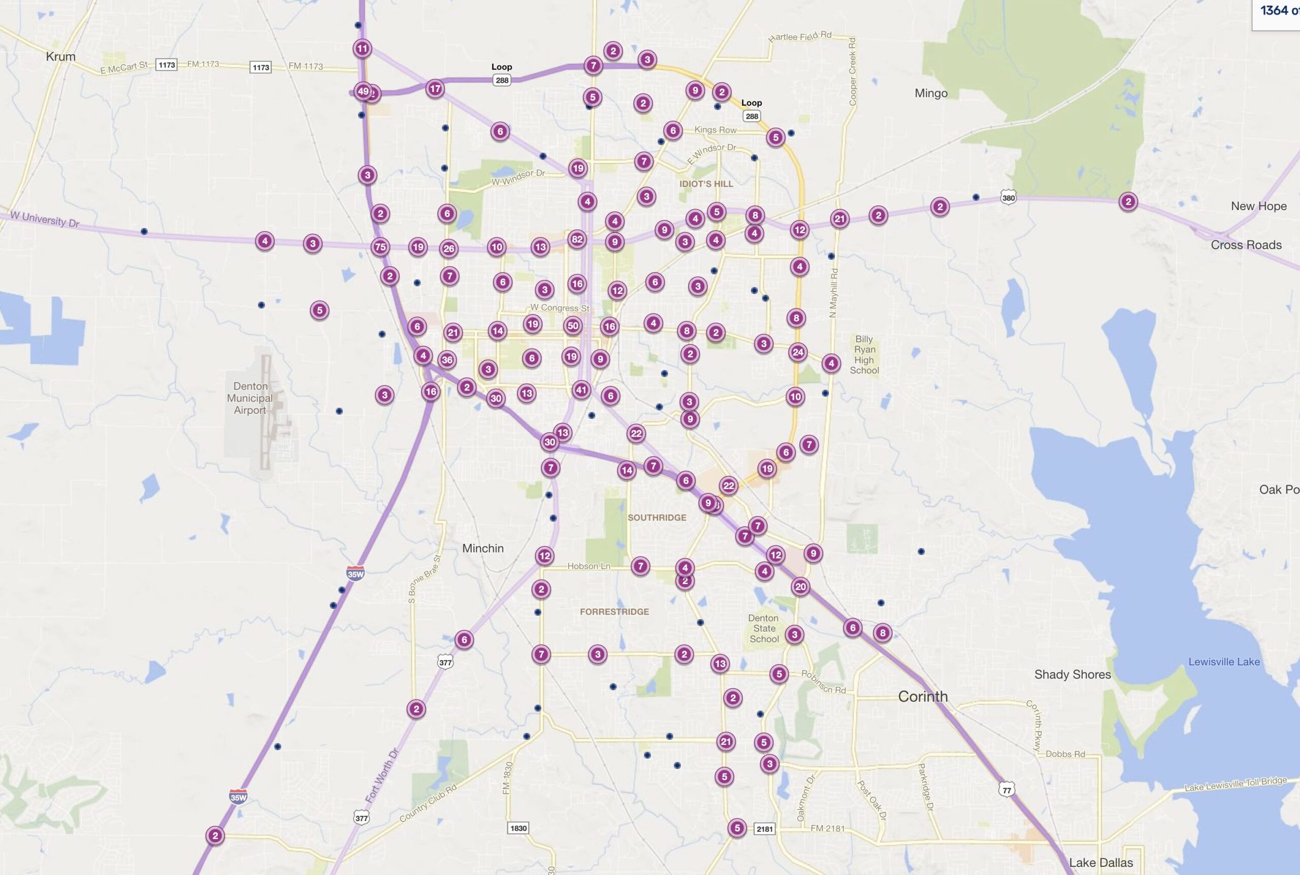 Cluster Map of 2023 Car Accidents at Intersections in Denton, Texas (TXDOT)