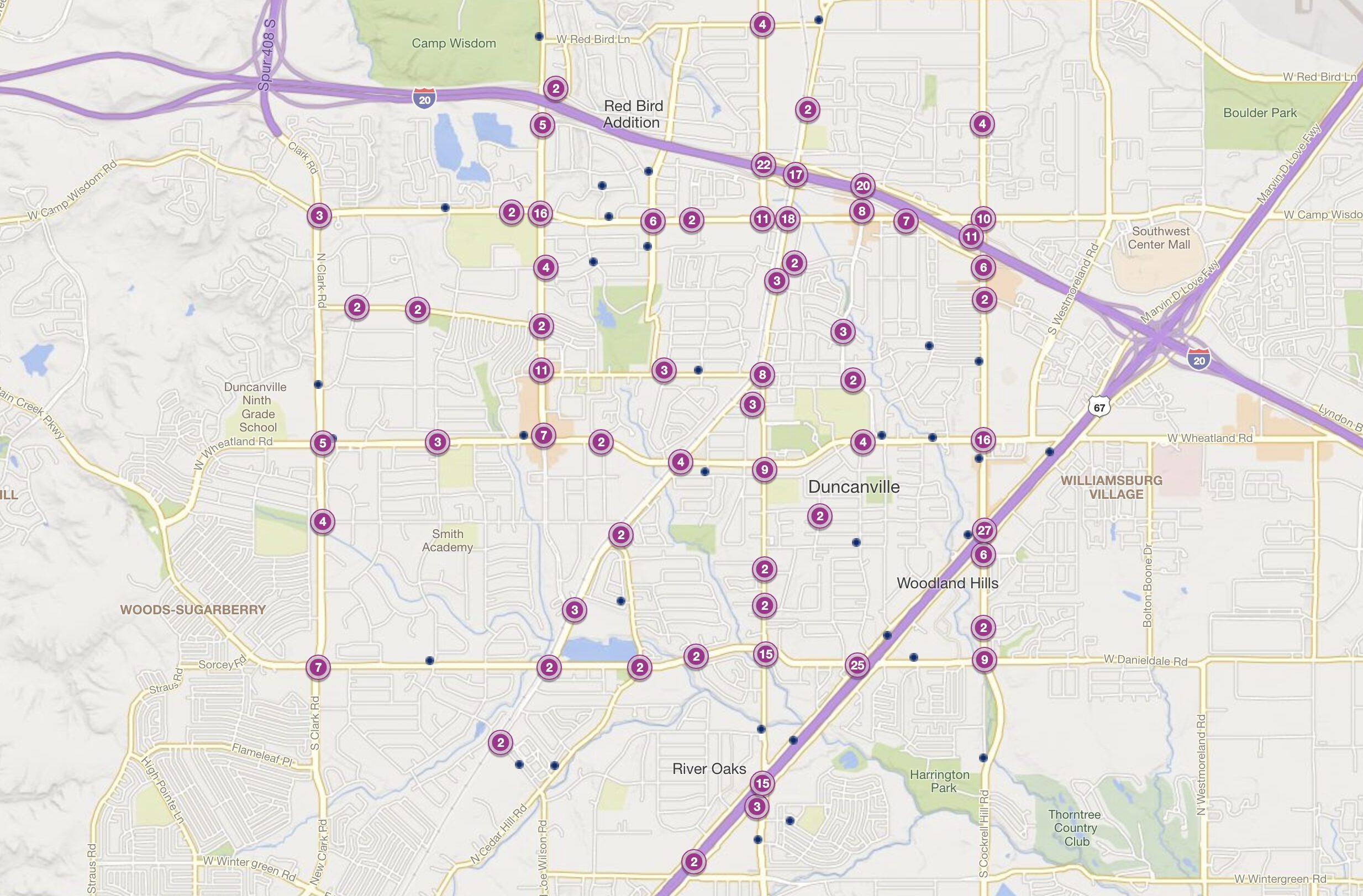 Cluster Map of 2023 Car Accidents at Intersections in Duncanville, TX (TXDOT)