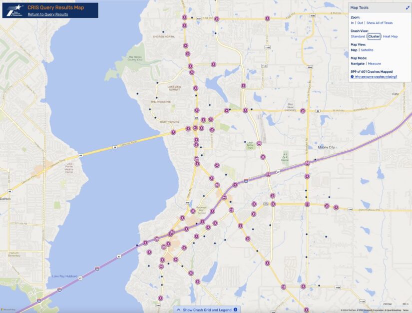 Cluster Map of 2023 Car Accidents at Intersections in Rockwall, TX (TXDOT)