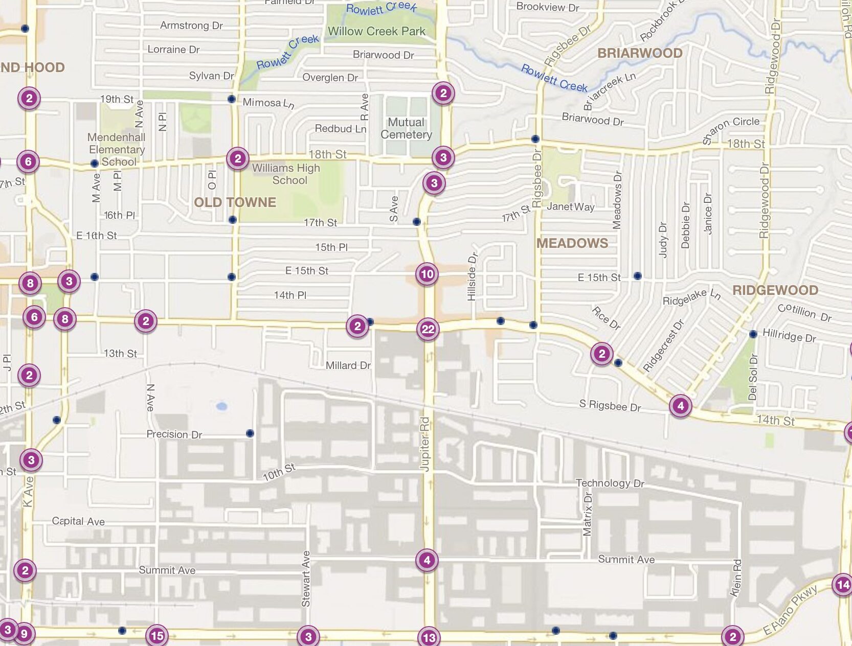 Cluster Map of 2023 Car Accidents at Jupiter Road & 14th Street (TXDOT)