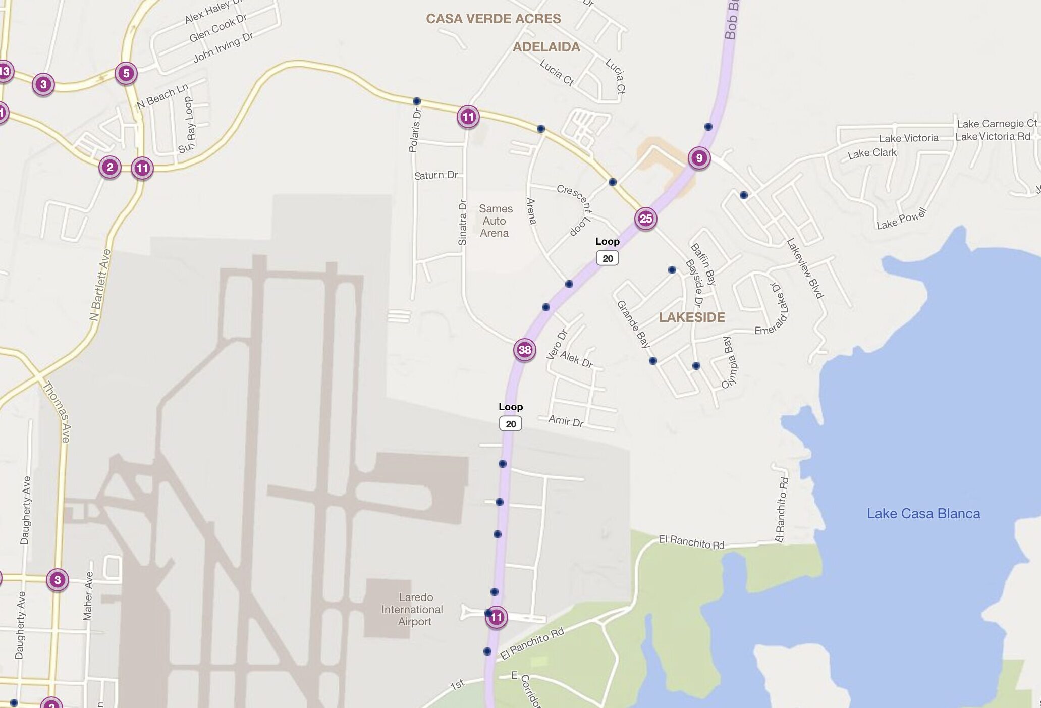 Cluster Map of 2023 Car Accidents at Loop 20 & Sinatra Dr. (TXDOT)