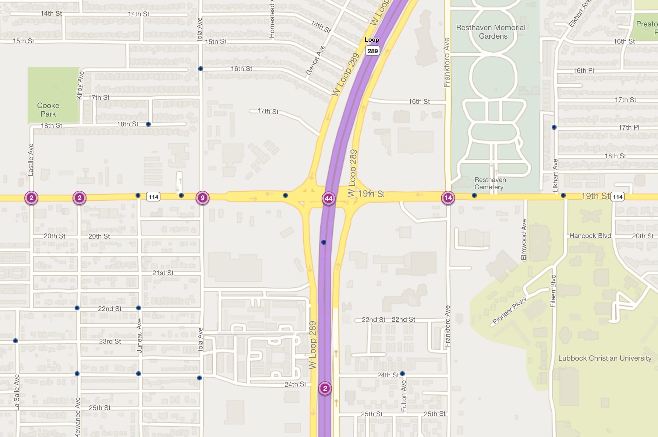 Cluster Map of 2023 Car Accidents at Loop 289 & 19th St. (TXDOT)
